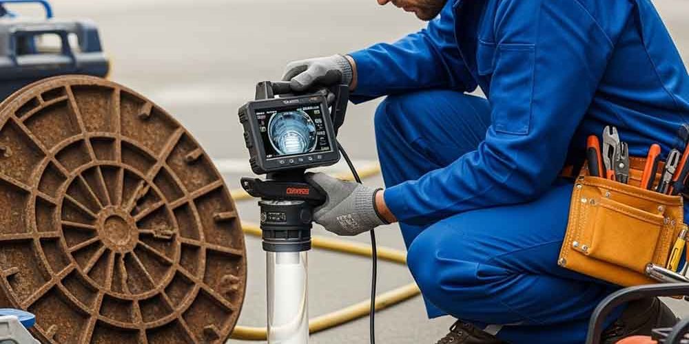 SLB technician conducting a sewer camera inspection