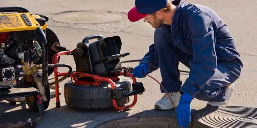 Plumber prepares to fix the problem in the sewer with portable camera for pipe inspection and other plumbing work.