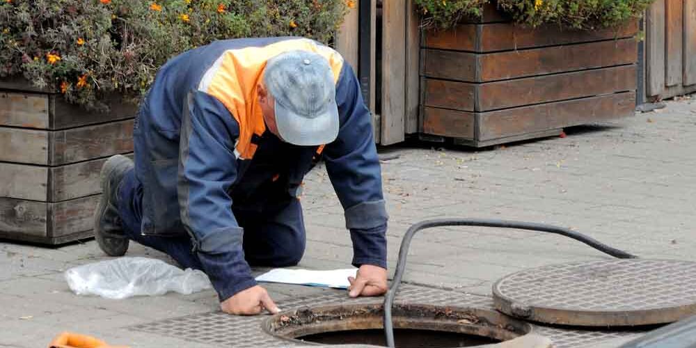 a municipal sewer / worker inspecting municipal sewer